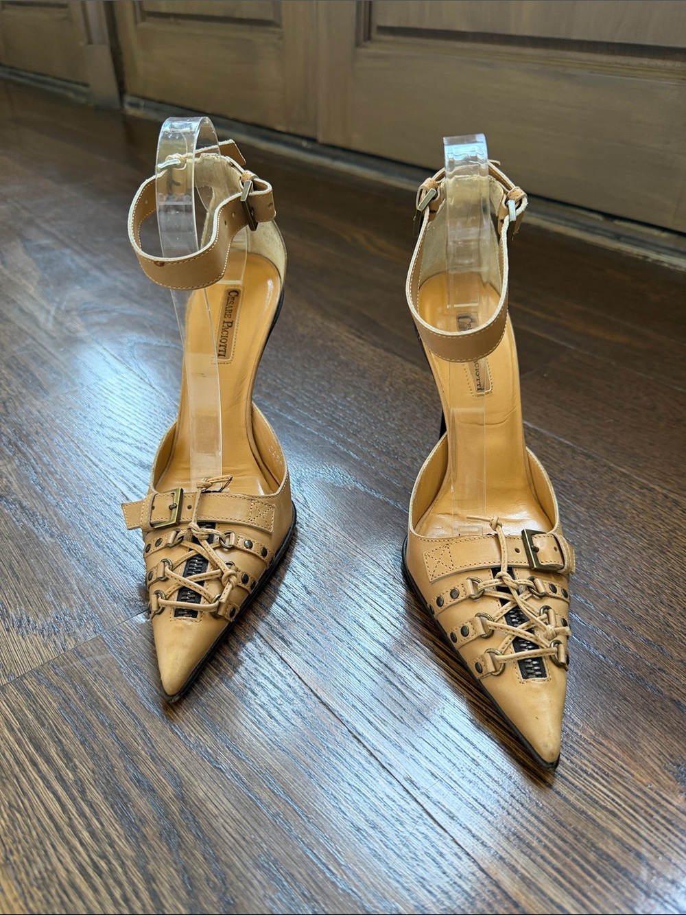CESARE PACIOTTI Tan Leather Pointed-Toe Ankle-Strap Heels with Fur Pom